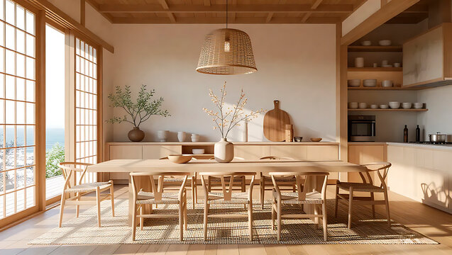 Spacious dining room interior. Mix of Japanese and Scandinavian style