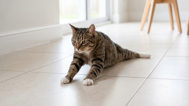 Disabled domestic cat dragging weak hind legs across tiled floor determined pet mobility and animal welfare concept