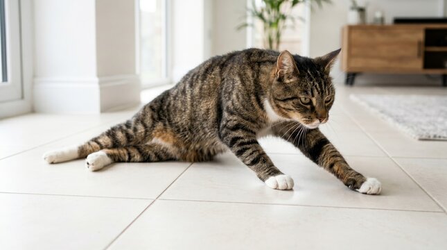 Disabled domestic cat dragging weak hind legs across tiled floor determined pet mobility and animal welfare concept