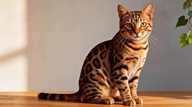 Bengal cat on wooden surface