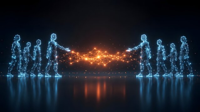 Digital business merger and partnership concept with two groups of wireframe figures shaking hands creating a glowing orange network connection
