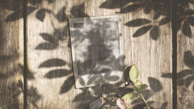 polaroid. Vintage polaroid photo resting on a rustic wooden surface with a nostalgic film grain effect. lifestyle magazines.