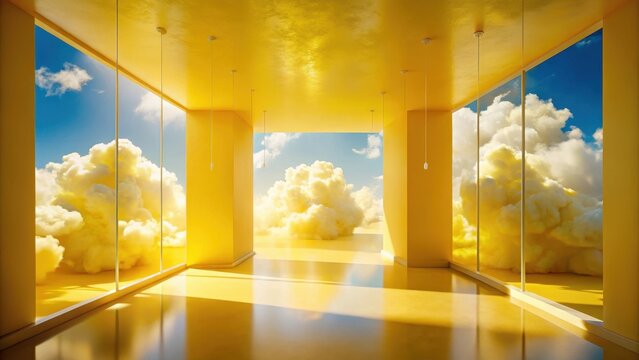 Serene abstract room with vibrant yellow hues and puffy white clouds suspended in mid-air against a radiant blue sky backdrop