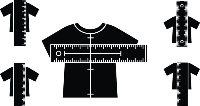 T-shirt size chart icons, apparel measurement guide, clothing dimensions, ruler scale on garment, fashion tailoring symbols, sewing patterns, vector.