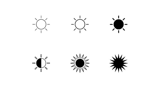 Collection of Six Sun Icons in a 2x3 Grid, Varying in Style and Fill Featuring Icon, Set, Graphic with Symbol and Weather