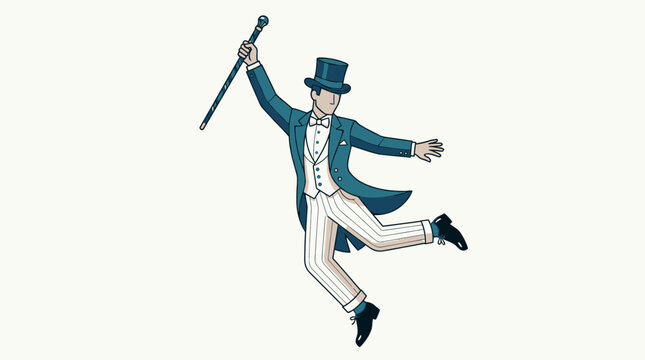 Illustrazione vettoriale di un elegante ballerino di tip tap che indossa un frac blu e un cappello a cilindro mentre salta con un bastone da passeggio in uno stile retr&ograve; classico