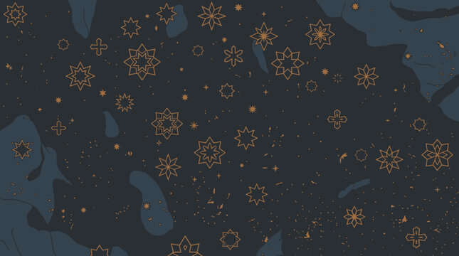 Sfondo astratto elegante con motivi geometrici a stella color oro su una superficie scura e testurizzata, ideale per design di lusso, inviti o decorazioni grafiche moderne e sofisticate.