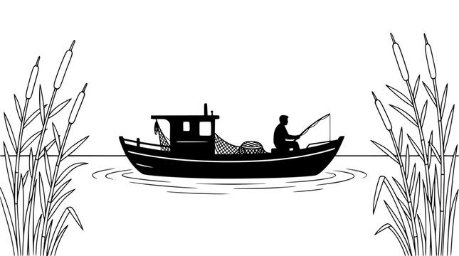 Silhouette of a Fisherman in a Boat on a Lake with Reeds