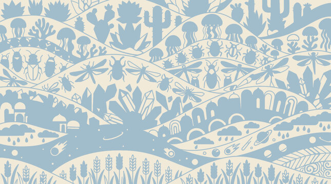 Sfondo decorativo con motivo a onde stilizzate che raffigura cactus, insetti, cristalli e elementi naturali in un elegante design grafico bicolore azzurro e crema.