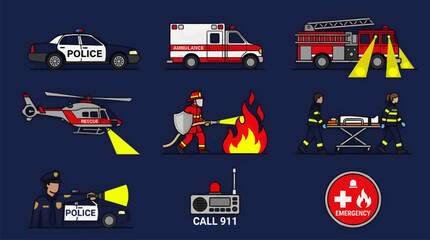 Flat Vector Icon Set of Emergency Services: Police Car, Ambulance, Fire Truck, Rescue Helicopter, Firefighter, Paramedics, Police Officer, Radio, and Emergency Symbol © Sumini