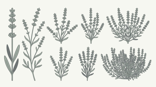 Set di illustrazioni vettoriali stilizzate di piante di lavanda in diverse forme e dimensioni, ideali per design botanici, decorazioni floreali ed elementi grafici eleganti.