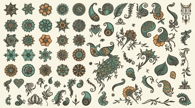 Set di elementi decorativi in stile mehndi con mandala, motivi paisley, pavone e ornamenti floreali disegnati a mano in tonalit&agrave; verde e arancione su sfondo crema chiaro