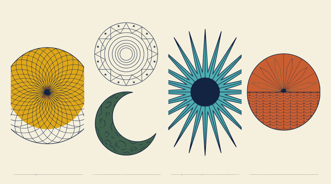 Set di icone geometriche astratte con simboli celesti di sole, luna e motivi circolari in stile minimalista moderno su sfondo color crema per design grafico e decorazioni artistiche