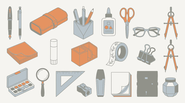Set di icone piatte vettoriali raffiguranti vari strumenti di cancelleria, forniture per ufficio e accessori per il disegno tecnico in uno stile grafico moderno e minimalista.