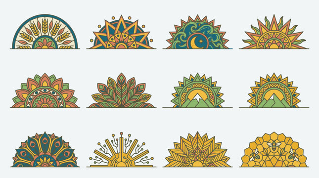 Set di dodici elementi decorativi a semicerchio in stile etnico e mandala con motivi geometrici, floreali e naturali, perfetti per design grafici, loghi, decorazioni e illustrazioni vettoriali.
