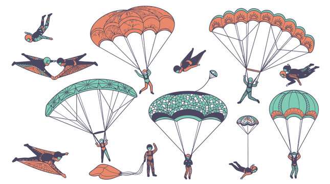 Set di illustrazioni vettoriali disegnate a mano raffiguranti paracadutisti, persone che praticano paracadutismo, volo con tuta alare e sport estremi aerei su sfondo bianco isolato.