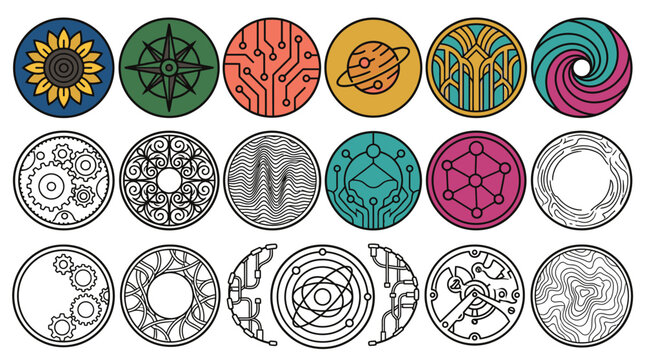 Set di icone circolari vettoriali con vari motivi astratti, geometrici, tecnologici e naturali, ideali per design moderno, interfacce utente, branding creativo e infografiche stilizzate.