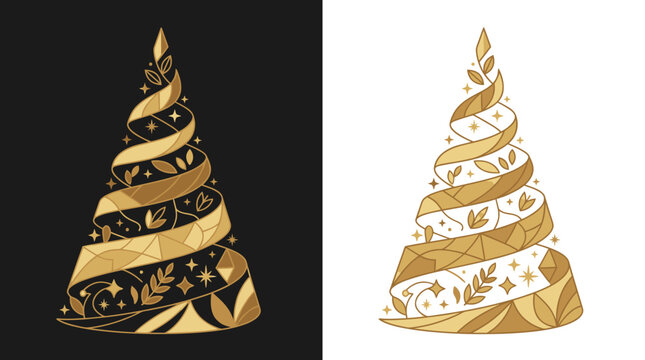 Set di icone stilizzate di alberi di Natale dorati con design a nastro astratto e motivi decorativi eleganti, perfetti per biglietti d'auguri festivi e decorazioni grafiche minimaliste