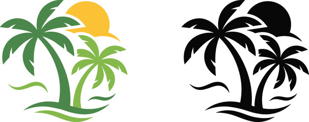 Fototapeta premium Minimal flat tropical emblem vector icon set featuring colored and black silhouette palm trees sun and sea waves