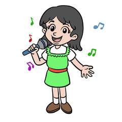 Cute little girl singing with microphone cartoon illustration