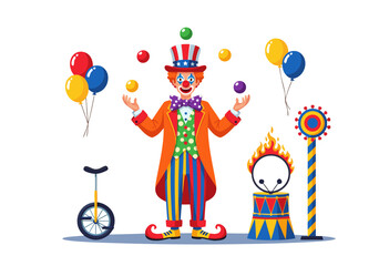 A juggler in a colorful outfit stands next to a unicycle and juggling clubs with balloons and a flaming torch. © Grogolan
