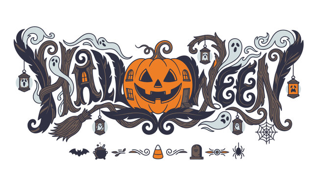 Scritta decorativa di Halloween con zucca intagliata, fantasmi, lanterne e rami intrecciati in stile illustrativo su sfondo bianco, perfetta per grafiche festive e design stagionali.