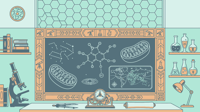 Illustrazione vettoriale piatta di un laboratorio scientifico con lavagna che mostra formule chimiche, mitocondri, costellazioni e una mappa del mondo, circondata da attrezzature da laboratorio.