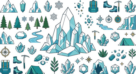 Mountain expedition crystal gem vector elements set featuring winter hiking tools camp tent pine trees and iceberg clusters for adventure travel infographic design © AdhinChandra
