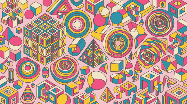 Motivo astratto senza soluzione di continuit&agrave; con forme geometriche colorate in stile isometrico su sfondo rosa, ideale per design grafici moderni e sfondi creativi.