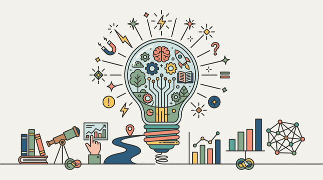 Illustrazione concettuale piatta di una lampadina creativa che contiene simboli di innovazione, tecnologia, istruzione e analisi dati su uno sfondo neutro per design moderni.