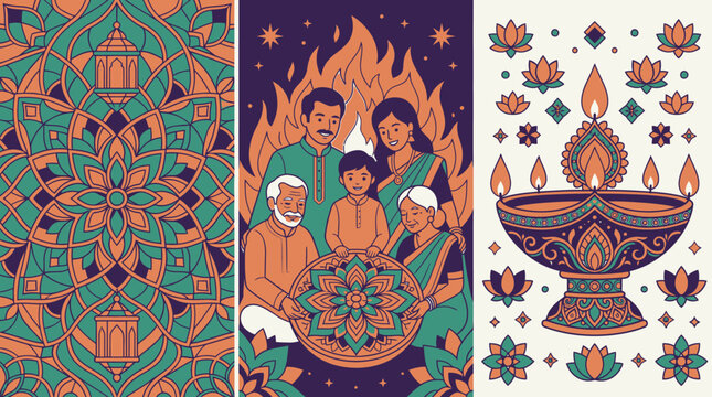 Illustrazione artistica per la celebrazione di Diwali con una famiglia indiana felice, decorazioni mandala tradizionali, lampade a olio diya accese e motivi floreali in stile grafico moderno.