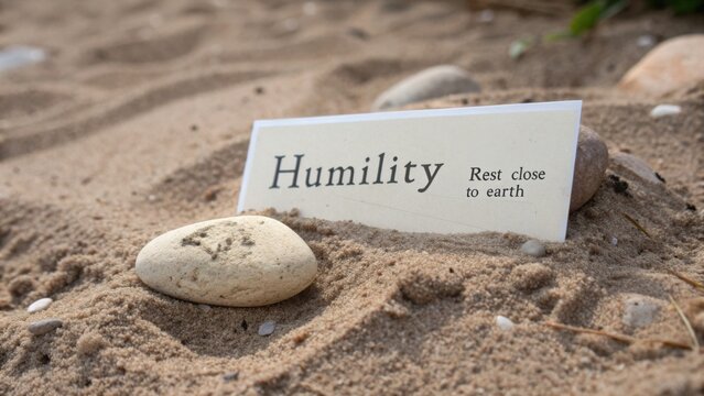 Inspirational quote on humility displayed on a sandy beach with smooth stones and soft natural lighting for meditation or reflection