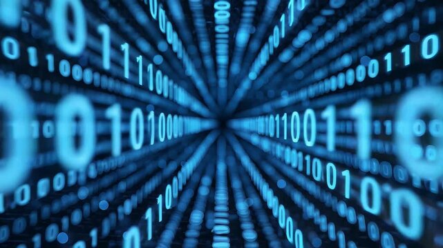 Abstract glowing blue binary code tunnel streaming through virtual cyberspace data network
