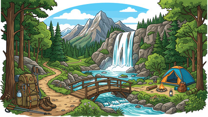 Mountain camping vector illustration featuring outdoor campsite tent campfire forest trail waterfall and hiking backpack for travel adventure tourism marketing banner © AdhinChandra
