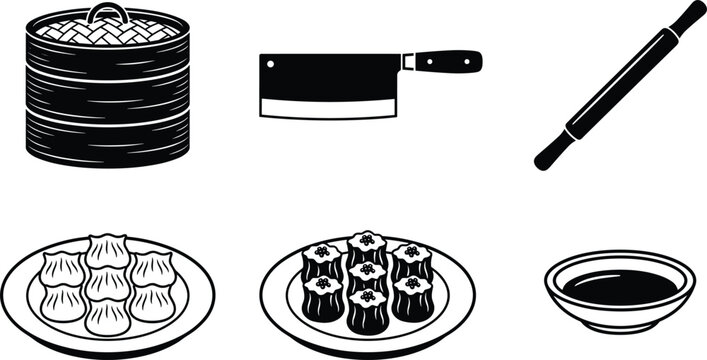 Traditional Chinese Dim Sum and Dumpling Cooking Equipment Icon Set with Bamboo Steamer, Cleaver Knife, and Soy Sauce Bowl Vectors