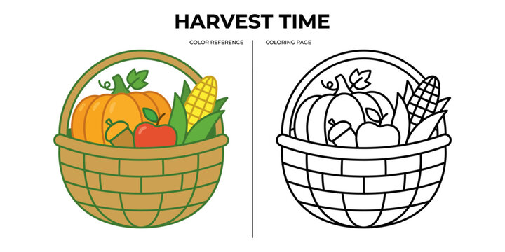 Harvest time coloring page for kids with basket and food