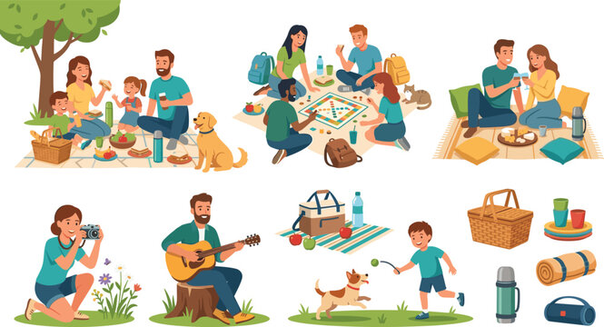 Flat vector illustration set of diverse families couples and friends enjoying outdoor park picnic activities boardgame music elements hobby recreation
