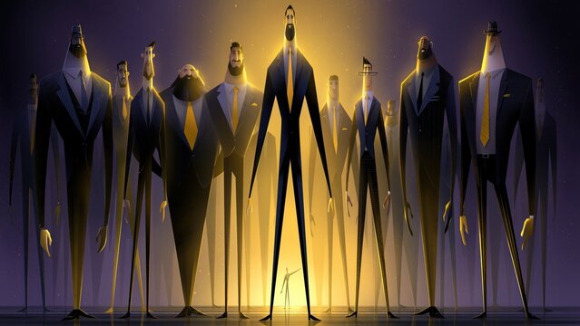 Imposing group of tall faceless men in dark suits.