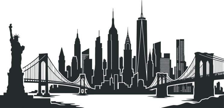 New york city skyline with statue of liberty and brooklyn bridge