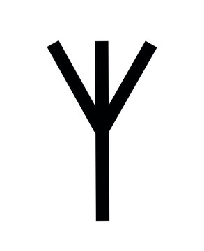 Vector silhouette illustration of the ancient Scandinavian Algiz rune symbol. Minimalist pagan protection talisman icon isolated on a white background.