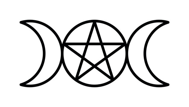 Vector line art illustration of the wiccan Triple Moon Goddess symbol with a central pentagram. Mystical pagan emblem isolated on a white background.