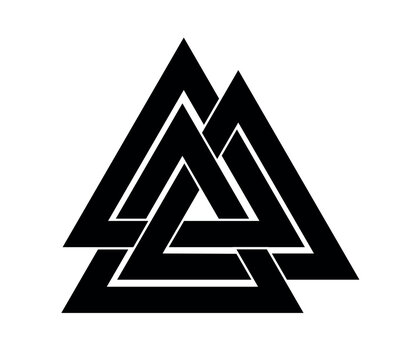 Vector illustration of the ancient Scandinavian Valknut symbol. Black silhouette of three interlocking triangles isolated on a white background.