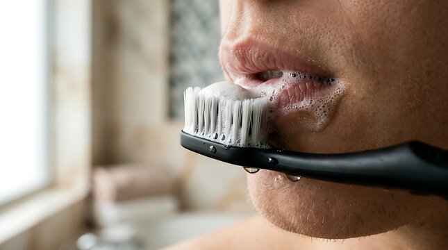 Person cleaning their teeth with a black charcoal toothbrush in a bright home bathroom setting to maintain good oral hygiene and dental health