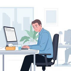 Fototapeta premium Tired Businessman Working Overtime At Late Night Office Desk