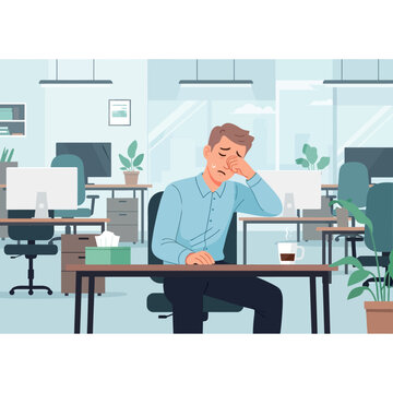 Stressed Businessman Rubbing Eyes in Modern Office Setting