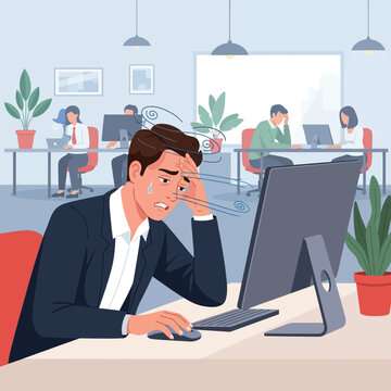 Stressed Businessman Overwhelmed By Workload In Busy Office Environment