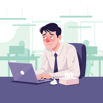 Stressed Businessman Working Late Feeling Unwell With Tissues