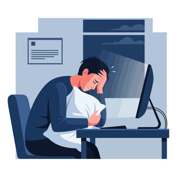 Stressed Businessman Working Late Embracing Pillow Due To Overwork Fatigue