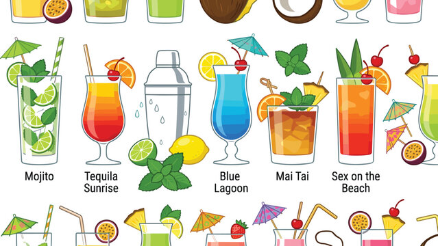 Popular tropical cocktail vector illustration icon set featuring mojito tequila sunrise and blue lagoon for bar menu design and summer party marketing