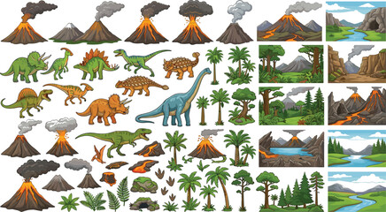  Prehistoric dinosaur and erupting volcano vector construction kit with landscape backgrounds for creating custom children book layouts and game assets © AdhinChandra